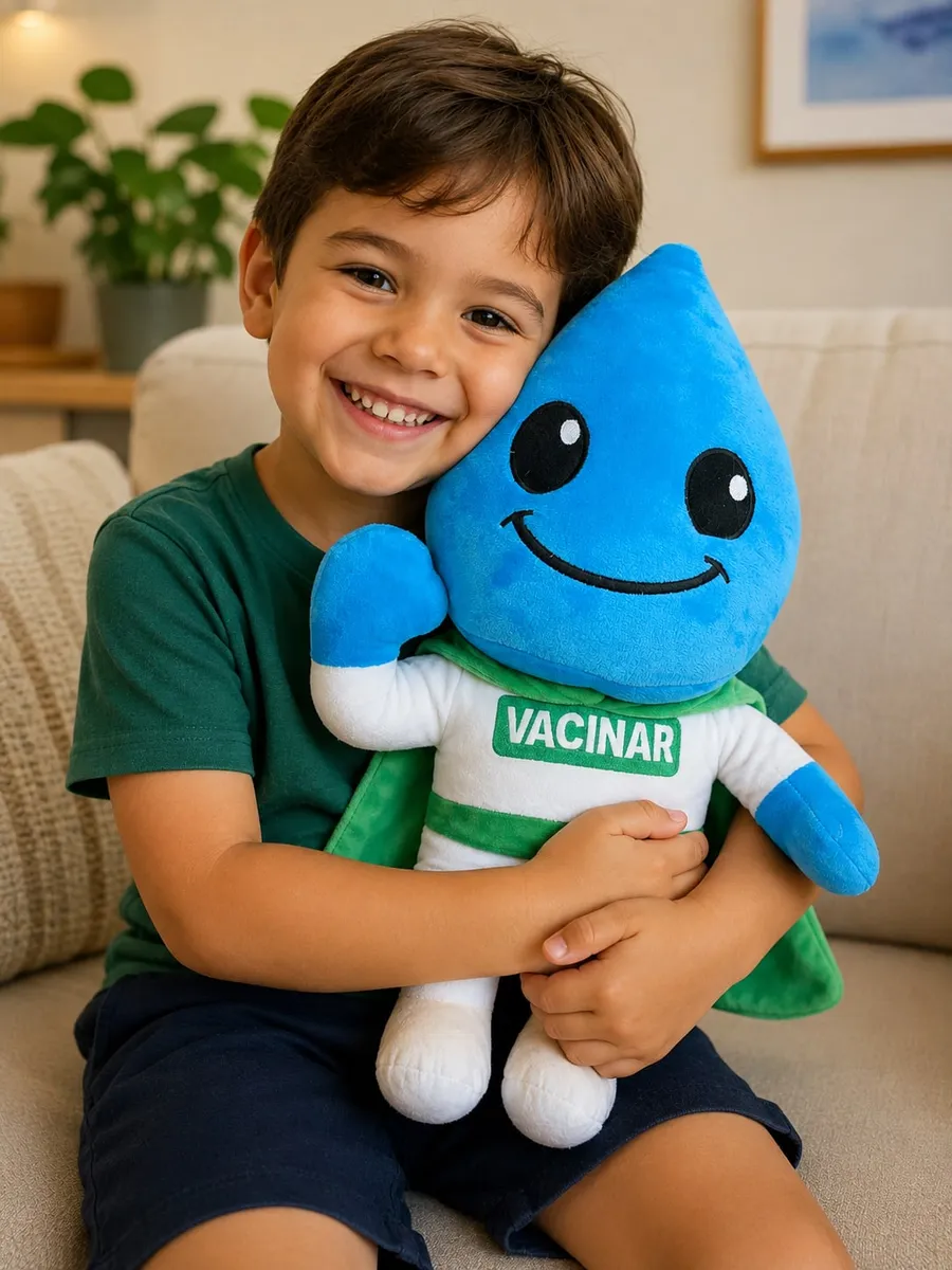 Criança sorrindo abraçada ao mascote da Vacinar no sofá de casa